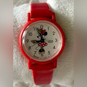 Vintage Lorus The Walt Disney Minnie Mouse Watch Quartz w/Red Leather Band